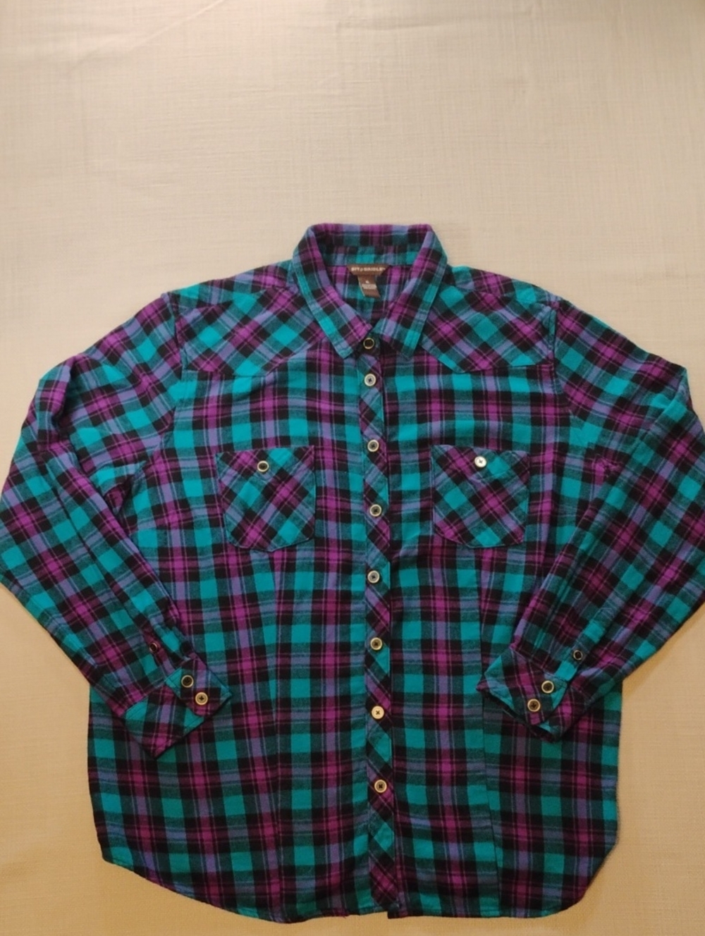 Women's Size XL Bit & Bridle Teal and Purple Plaid Button-Down Shirt